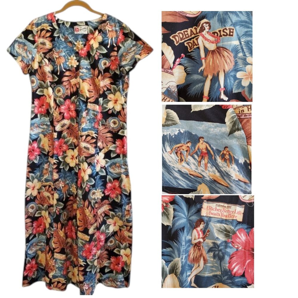 Vintage Hilo Hattie 100% Cotton With Hula Dancers, Surfers and Floral Design